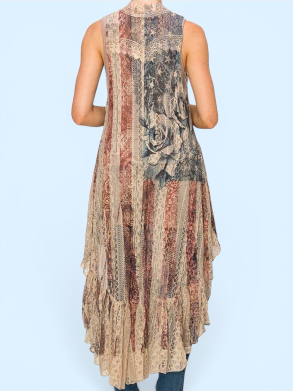 Origami PATRIOTIC ROSE Lace Boho Lace Trim Sleeveless Duster Vest NWOT